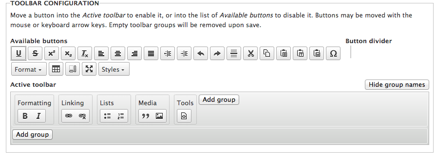 Now, active toolbar is expanded with group names and buttons to add a group.